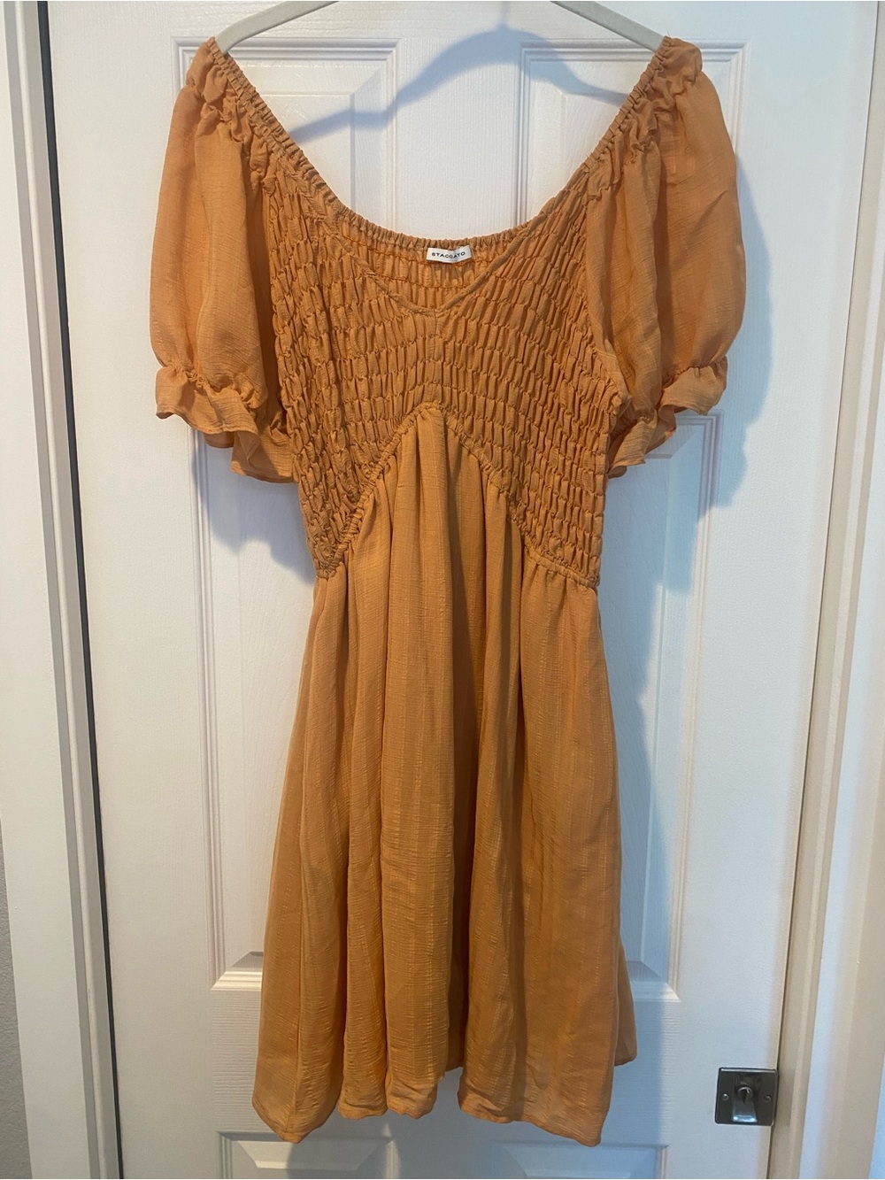 Light Orange Smocked Puff Sleeve Mini Dress